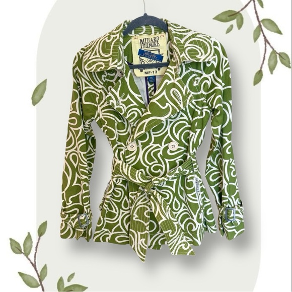 Millard Fillmore Green Ivory Retro Abstract Trench Style Short Jacket- Size XS - Picture 1 of 8